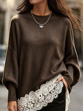 Coffee Brown Cozy Women's Rib-Knit Round Neck Long Sleeve Oversized Sweater